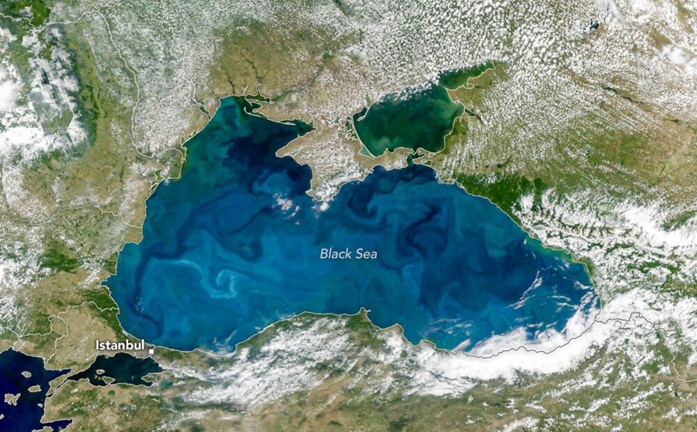 NASA PACE satellite image of turquoise coccolithophore bloom in the Black Sea