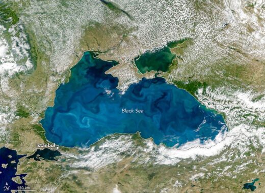 NASA PACE satellite image of turquoise coccolithophore bloom in the Black Sea
